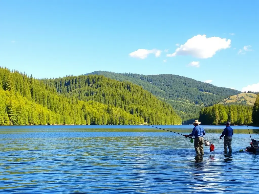 Anglers fishing at a serene lake in Oregon, surrounded by lush greenery.